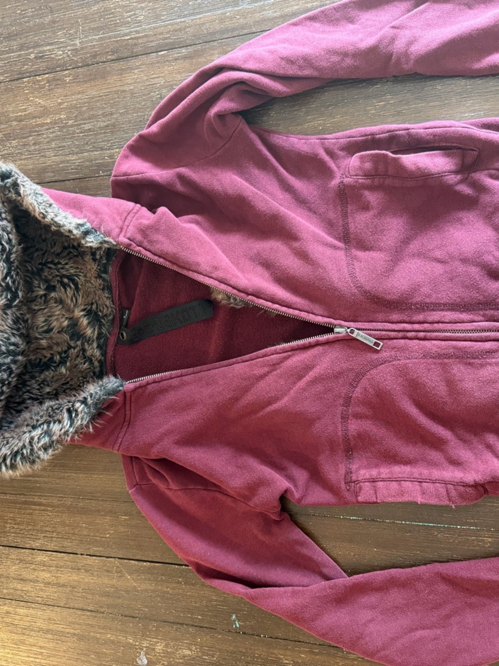 Faux Fur Lined Hoodie Jacket in Deep Berry
